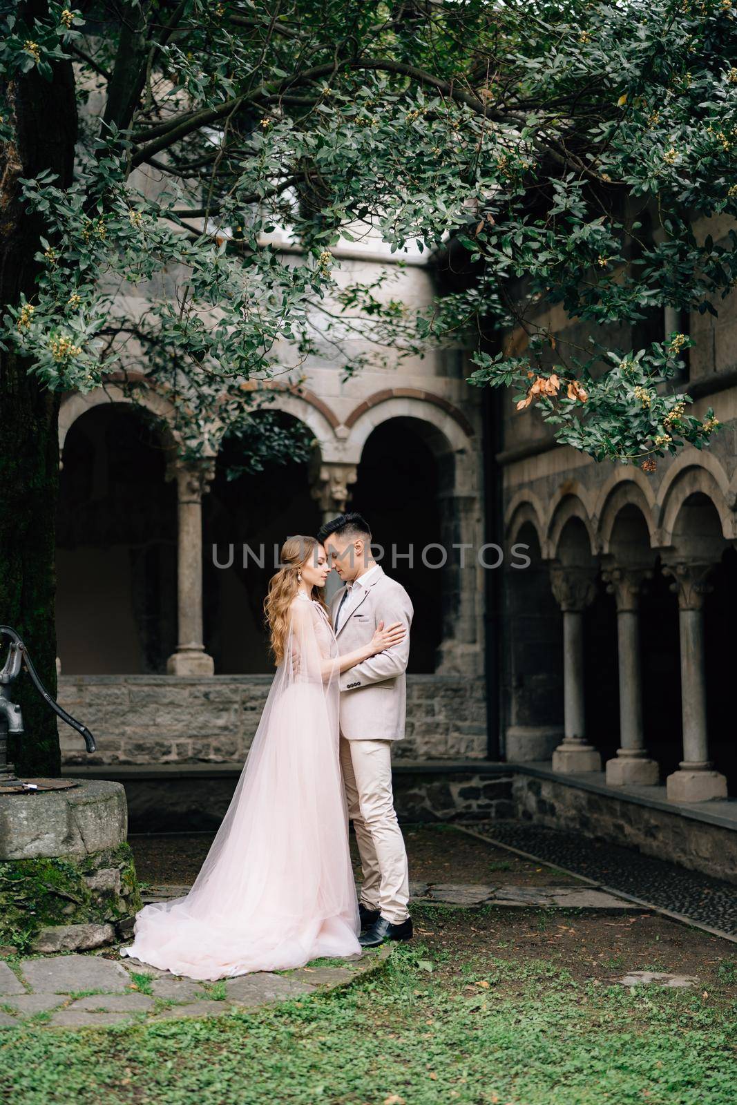 Groom hugs bride, standing in a green garden against the background of an old villa with columns on Lake Como, Italy. High quality photo
