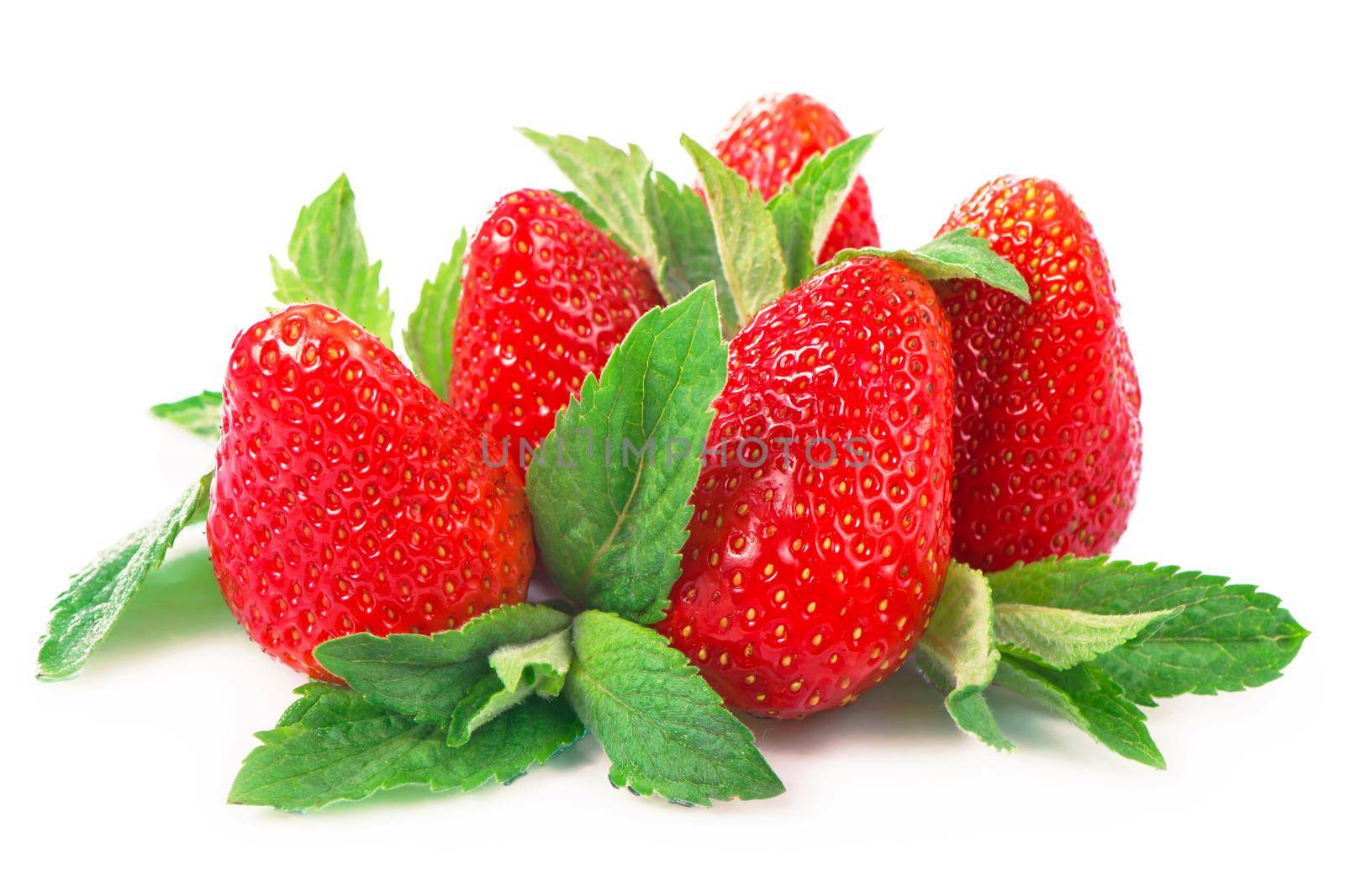 Strawberry. Fresh berry with leaves isolated on white background. by aprilphoto