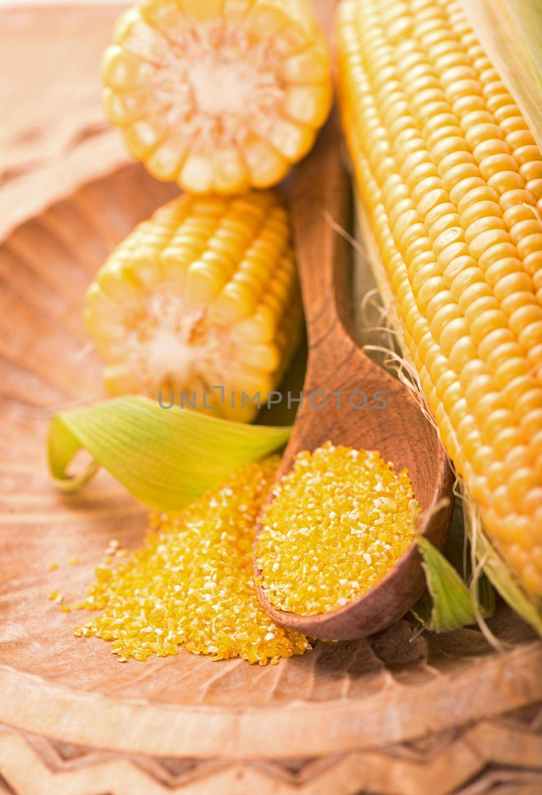 raw corn with green leaves on a white background
