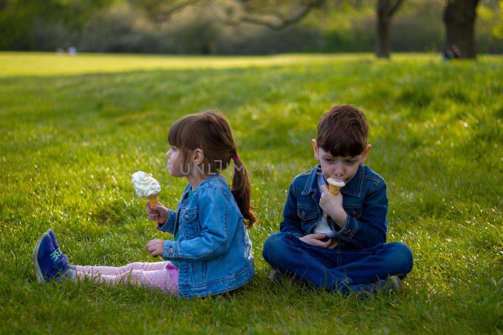 Portrait of a cute boy and a girl wearing blue jackets sitting on a lawn on a sunny day eating ice cream