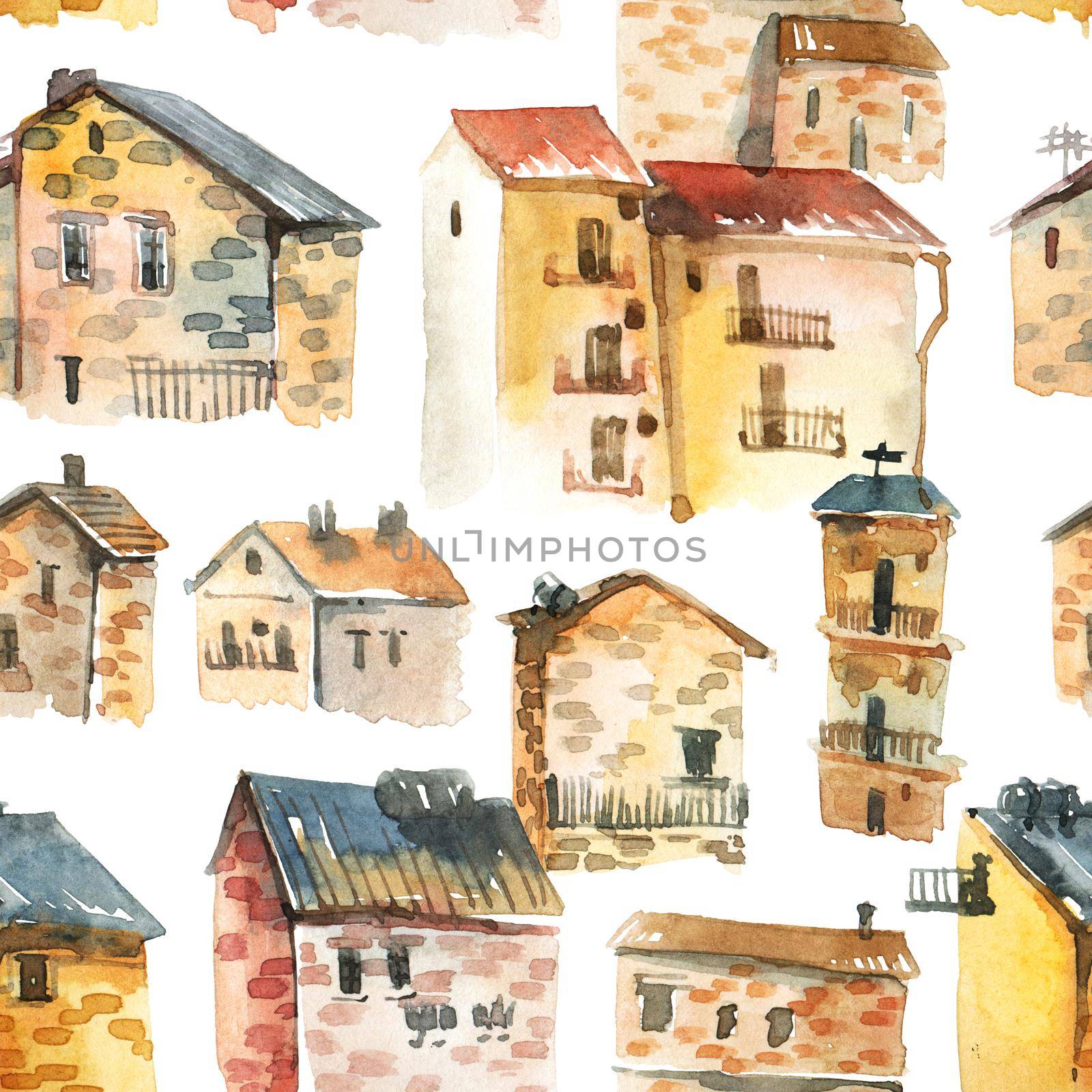 Old city - watercolor illustration of houses on white background. Seamless pattern.