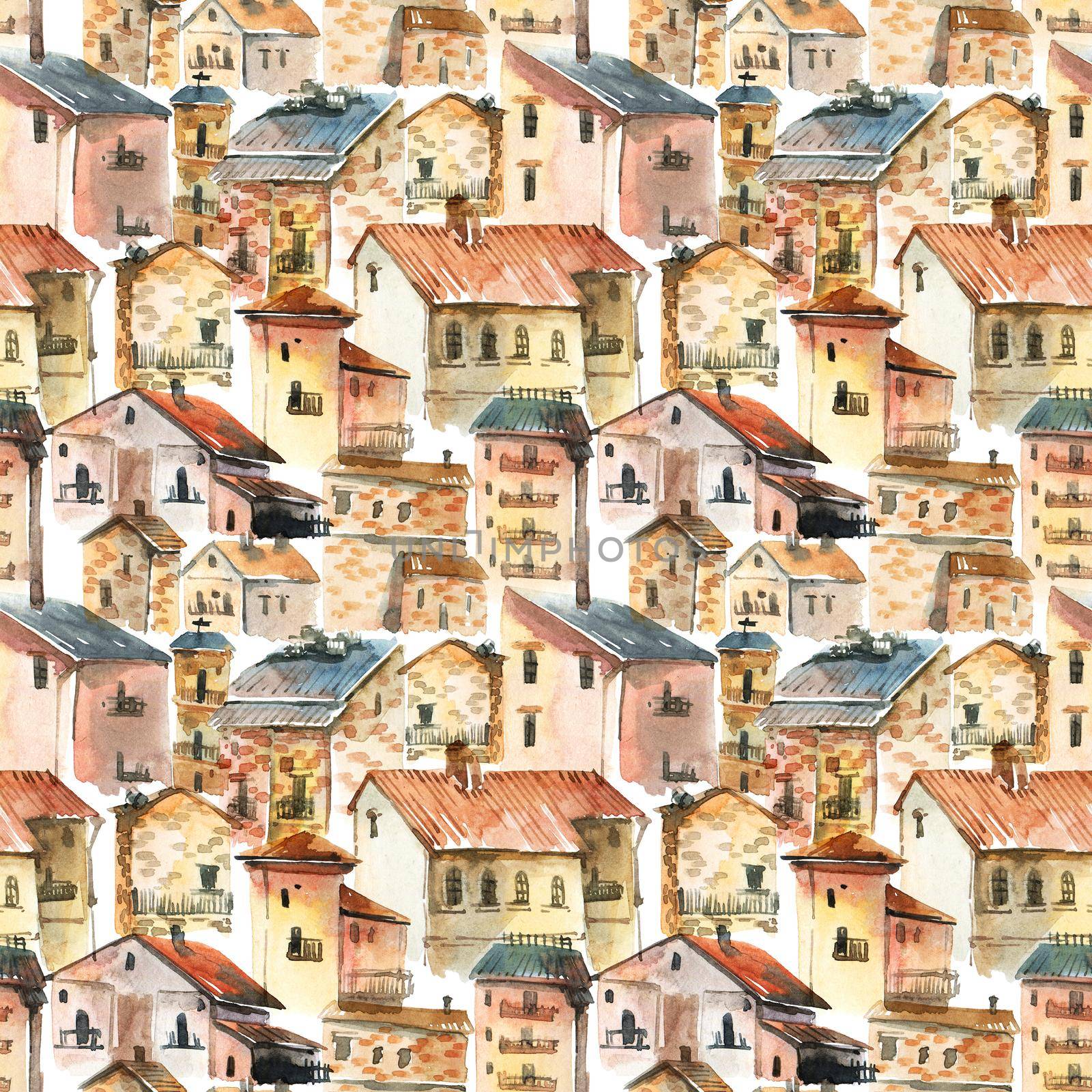 Old city - watercolor illustration of houses on white background. Seamless pattern.