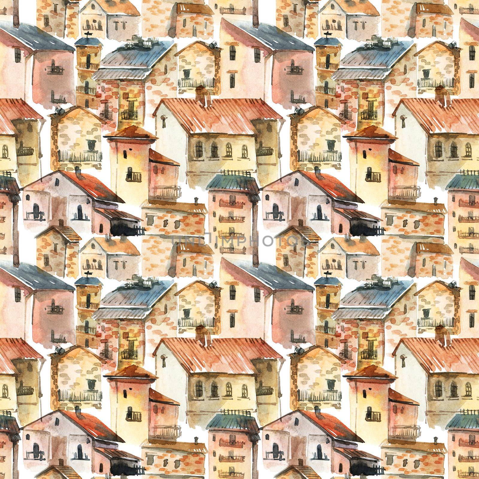 Old city - watercolor illustration of houses on white background. Seamless pattern.