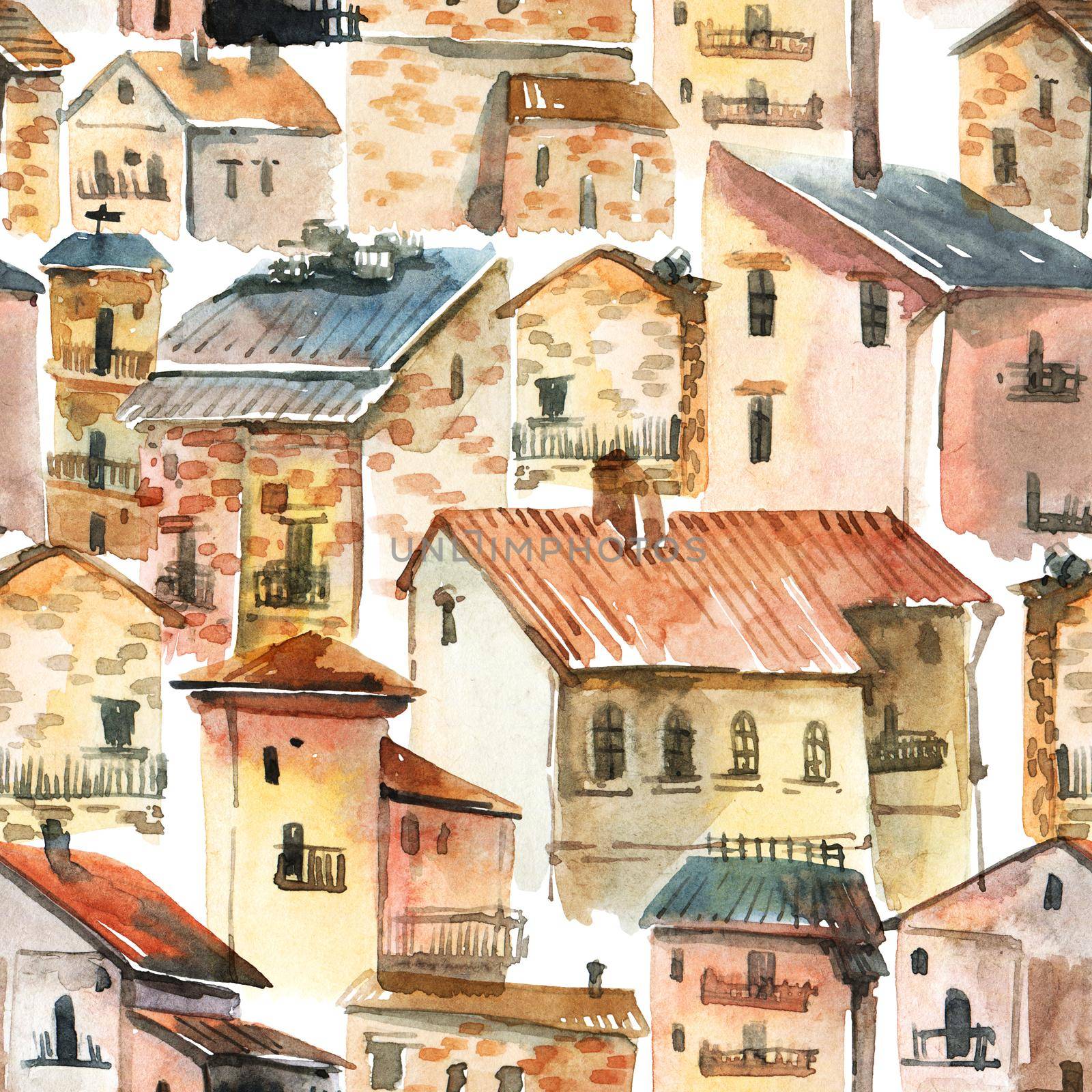 Old city - watercolor illustration of houses on white background. Seamless pattern.