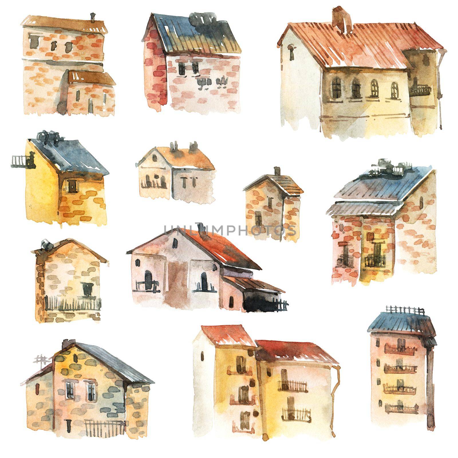 Old city - watercolor illustration of houses on white background. Vertical design.