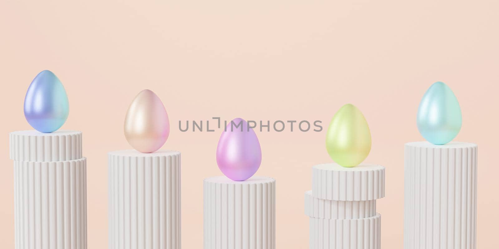 Easter eggs decorated with colorful gradient paint on white pillar podiums, spring holidays card, 3d illustration render