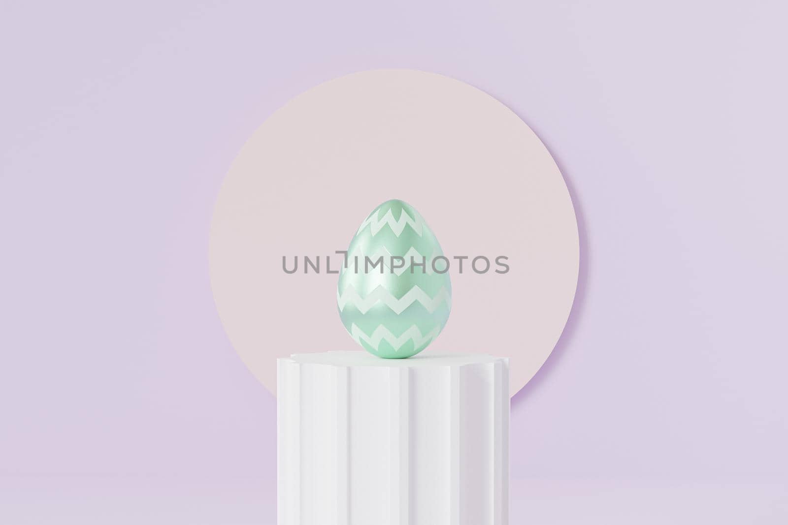 Easter egg decorated with green zigzag or chevron pattern on white pillar podium, spring holidays card, 3d illustration render by Frostroomhead