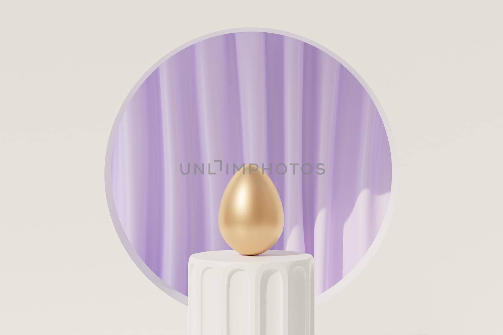 Easter egg decorated with gold on white podium near to purple curtains with folds, spring holidays card, 3d illustration render