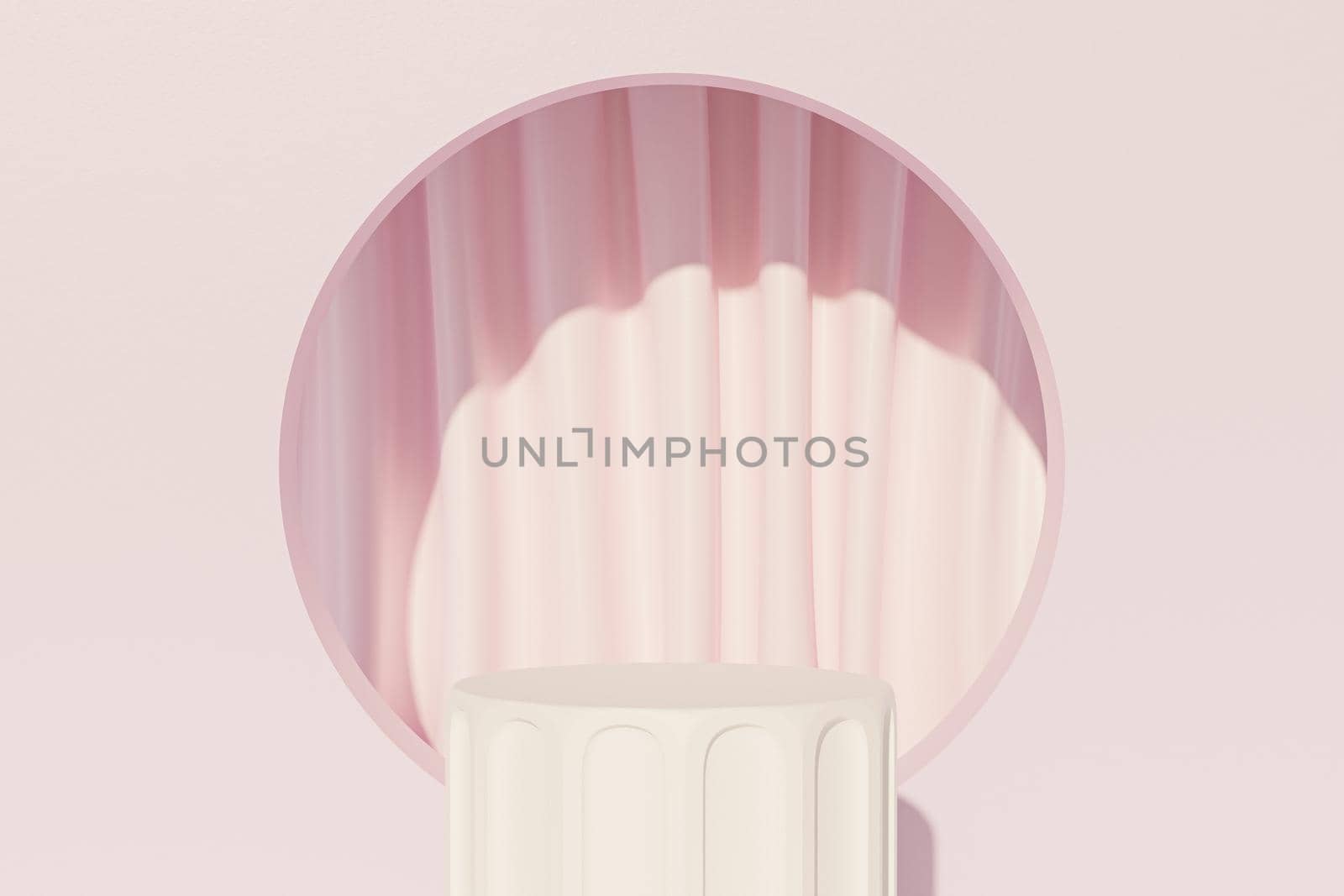 White pillar podium or pedestal for products or advertising near to pink curtains, minimal 3d illustration render by Frostroomhead