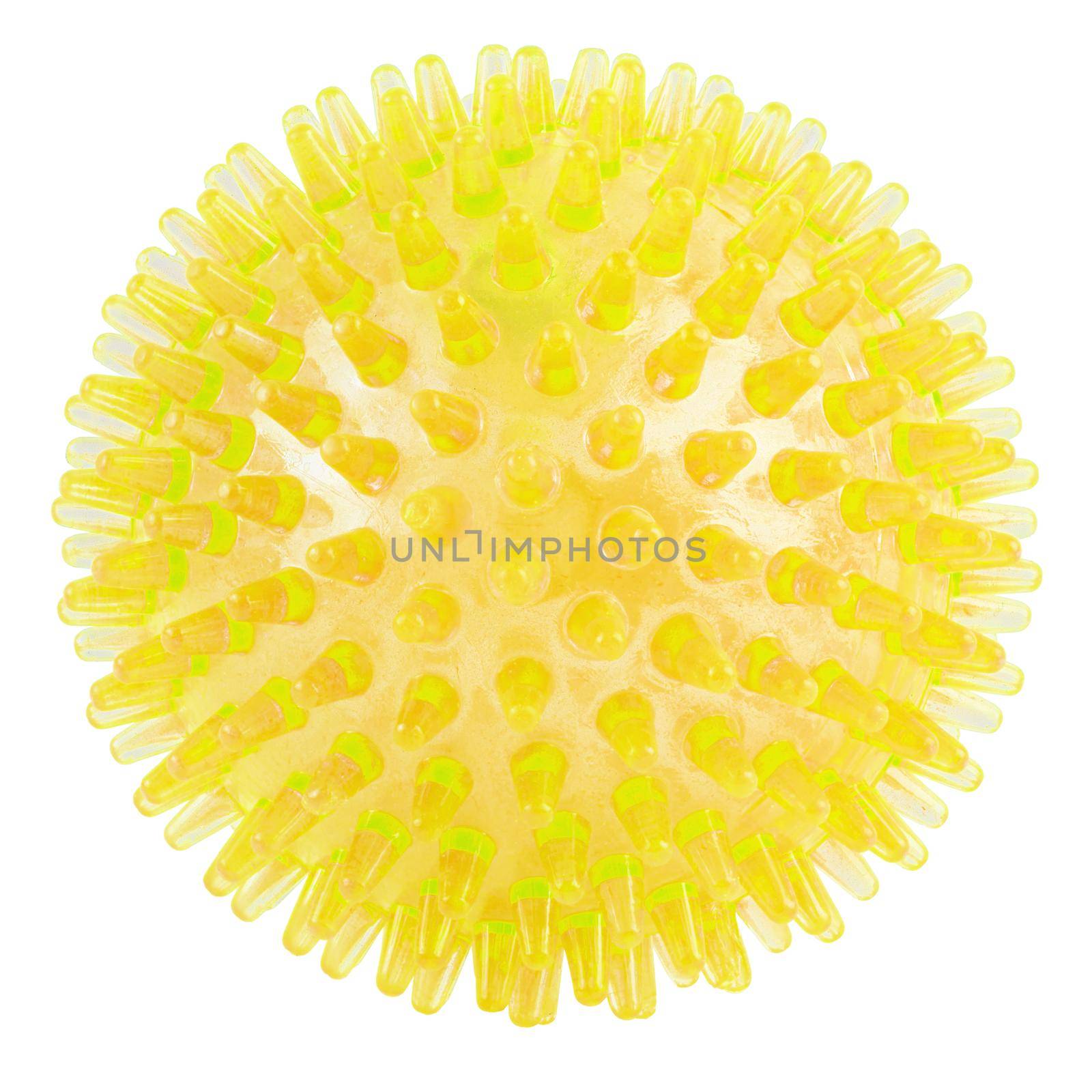 transparent yellow spiked plastic ball isolated on white background - massager, dog toy and COVID-19 coronavirus symbol and model