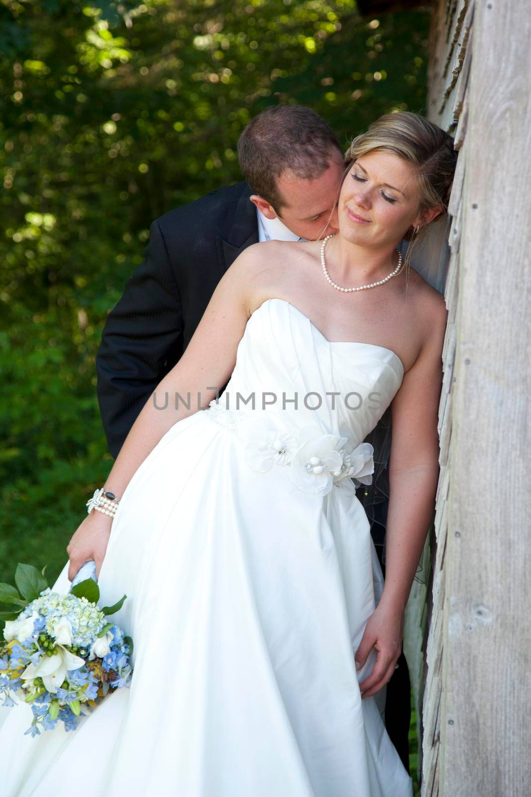 groom kissing bride's neck  by rustycanuck