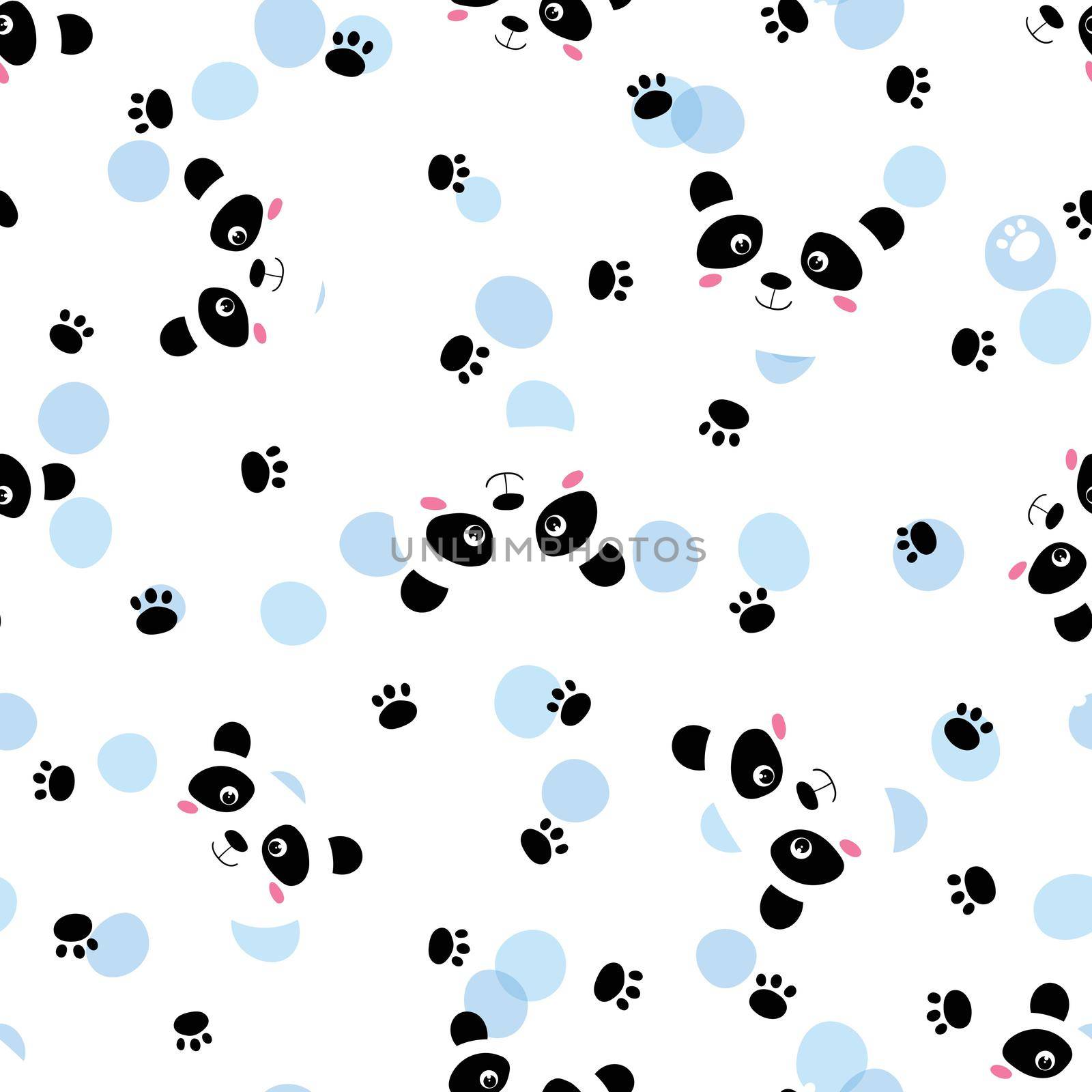Seamless pattern with cute panda, footprint on white background. Funny asian animals. Card, postcards for kids. Flat vector illustration for fabric, textile, wallpaper, poster, gift wrapping paper.
