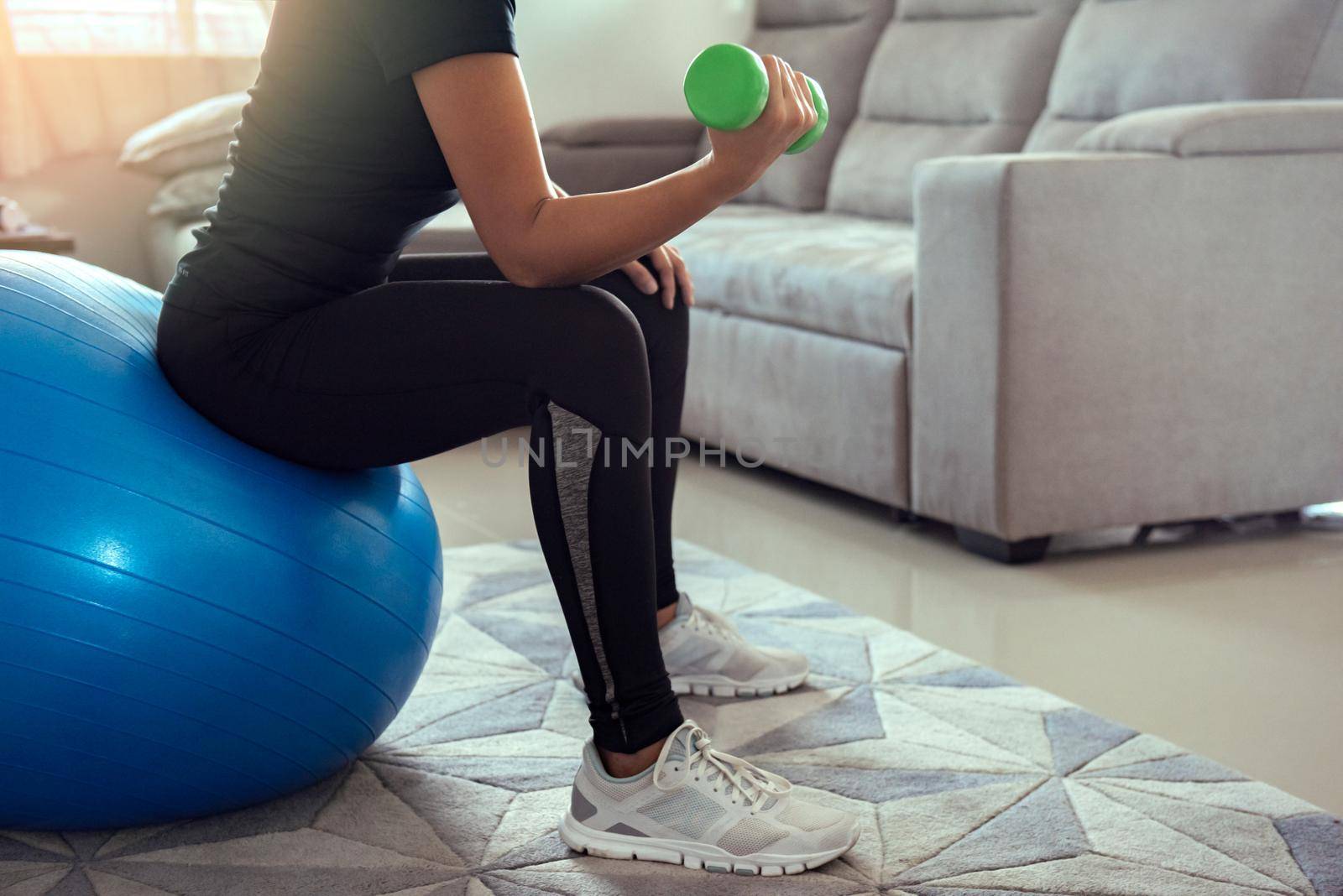 Close up woman lifting dumbbell weights for strength training while sitting ball at home.Workout at home.