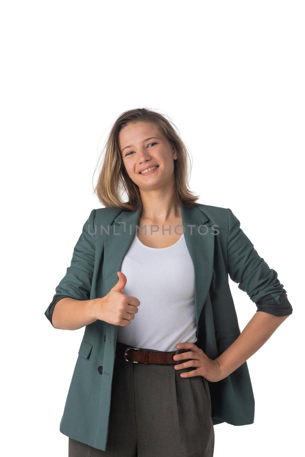 Portrait of young business woman with thumb up studio isolated on white background