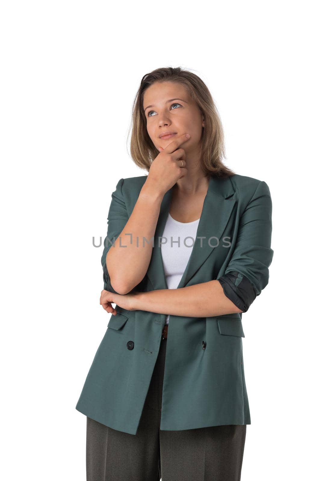 Portrait of young business woman student in suit thinking holding hand on chin studio isolated on white background