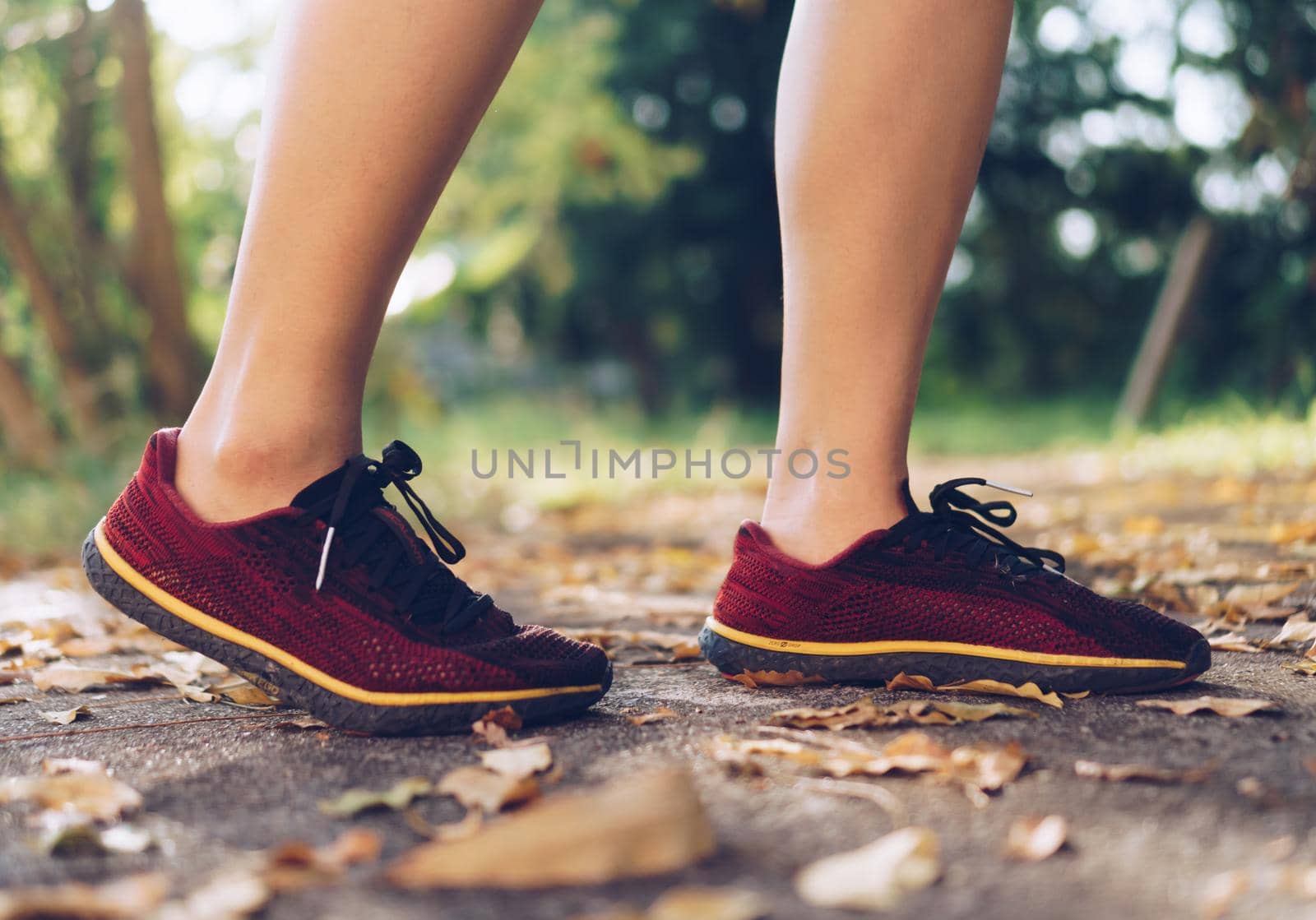 Woman wear running shoe on to walking and running on nature green background.Health exercise. by Suwant