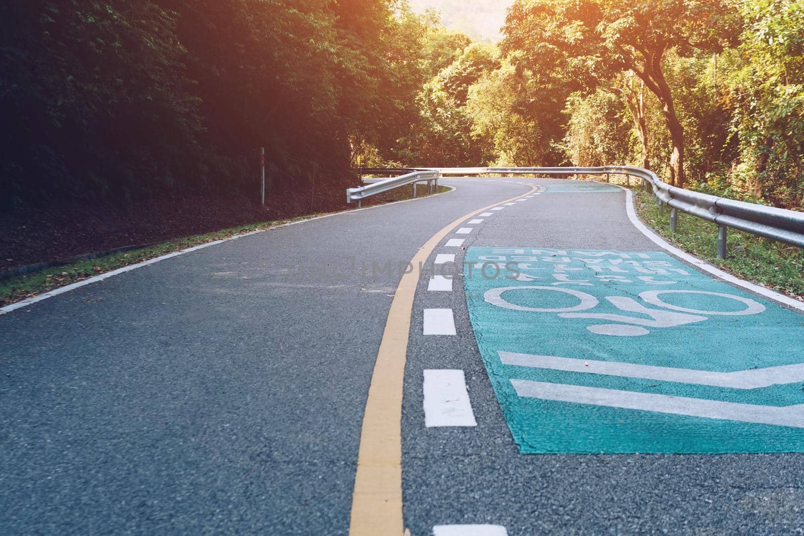 Road with bicycle lane in the country with nature surrounding background.