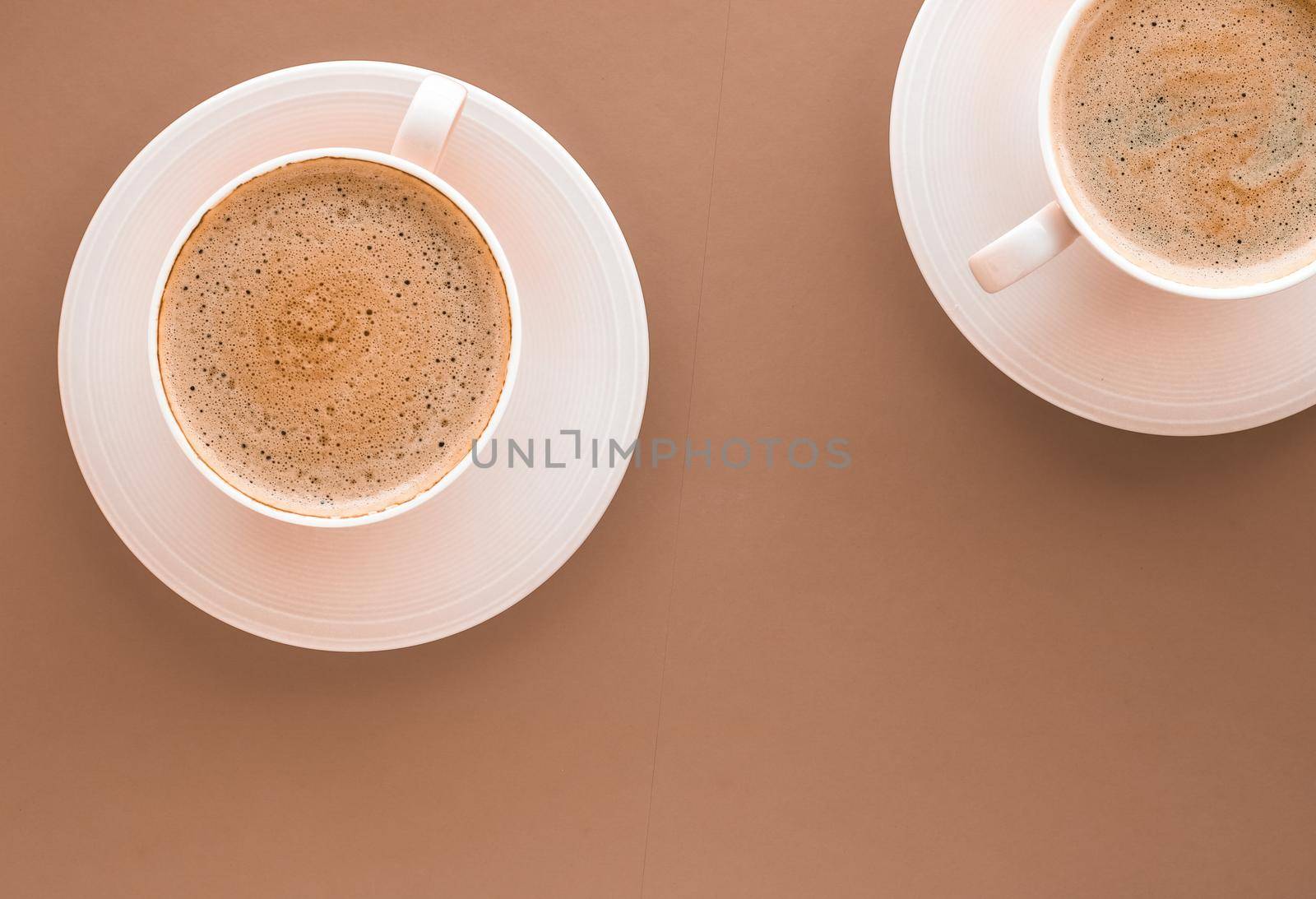 Drinks menu, italian espresso recipe and organic shop concept - Cup of hot coffee as breakfast drink, flatlay cups on beige background