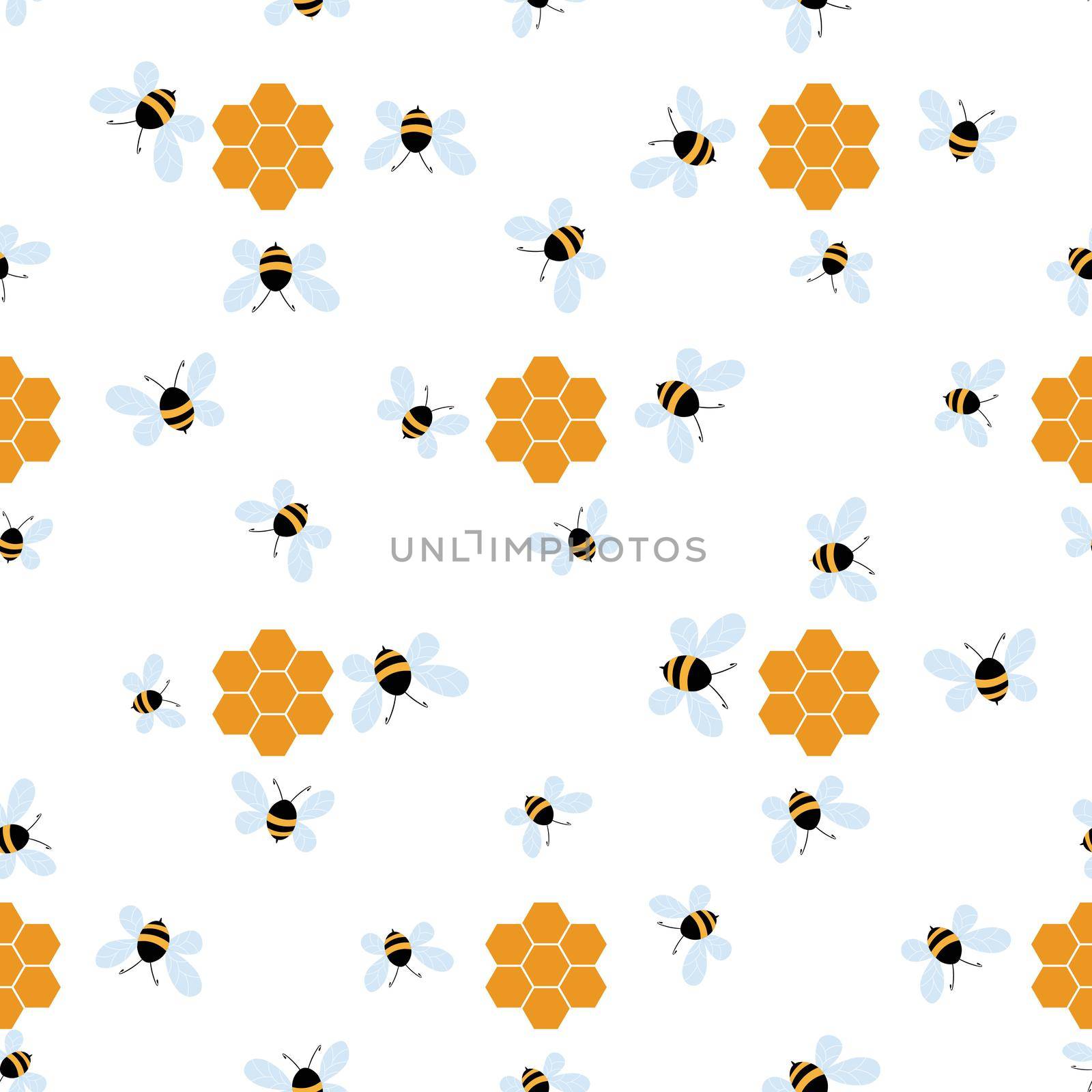 Seamless pattern with bees and honeycombs on white background. Small wasp. Vector illustration. Adorable cartoon character. Template design for invitation, cards, textile, fabric. Doodle style.