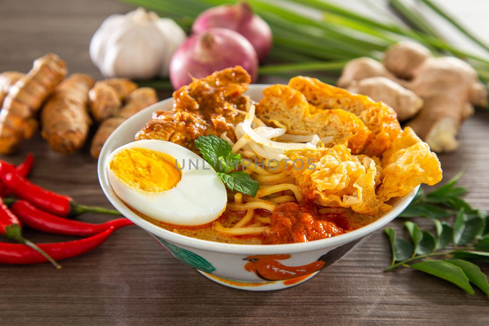 Curry Laksa which is a popular traditional spicy noodle soup from the culture in Malaysia.