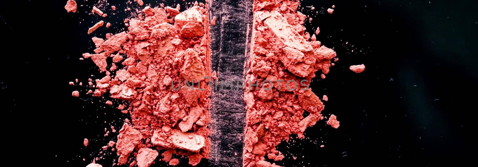 Crushed cosmetics, mineral organic eyeshadow, blush and cosmetic powder isolated on black background, makeup and beauty banner, flatlay design by Anneleven