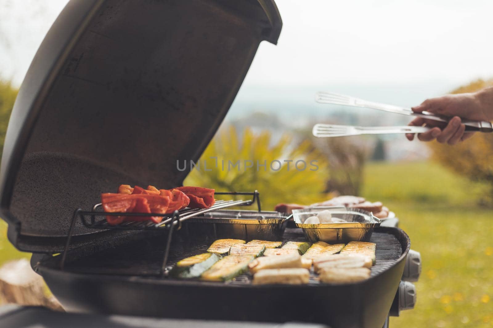 Close up of cheese and vegetables on gas grill. Summer time, outdoors.