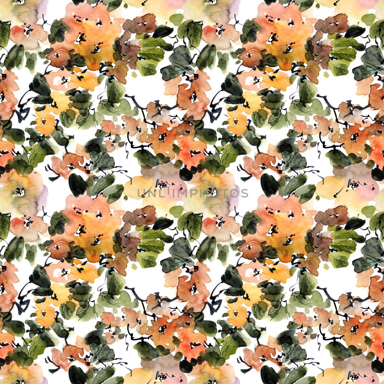 Watercolor illustration of tree branch in bloom - branches with flowers, buds and leaves. Seamless pattern. Oriental traditional painting in style sumi-e, u-sin and gohua.