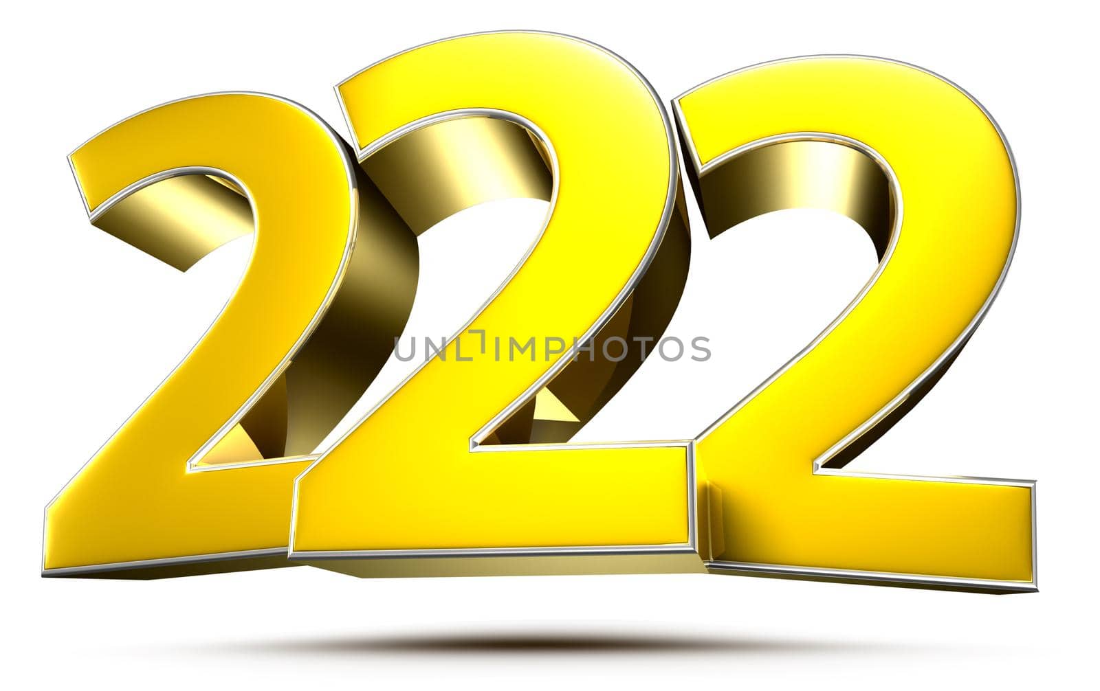 222 gold 3D illustration on white background with clipping path.