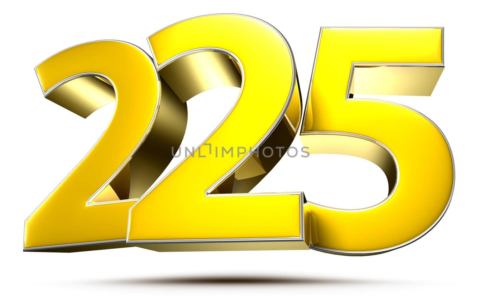 225 gold 3D illustration on white background with clipping path.