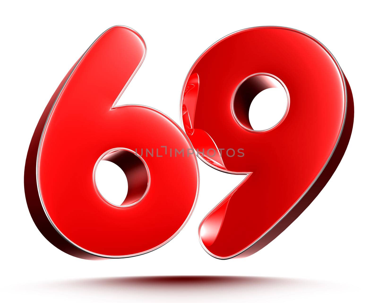 Red numbers 69 on white background 3D rendering with clipping path.
