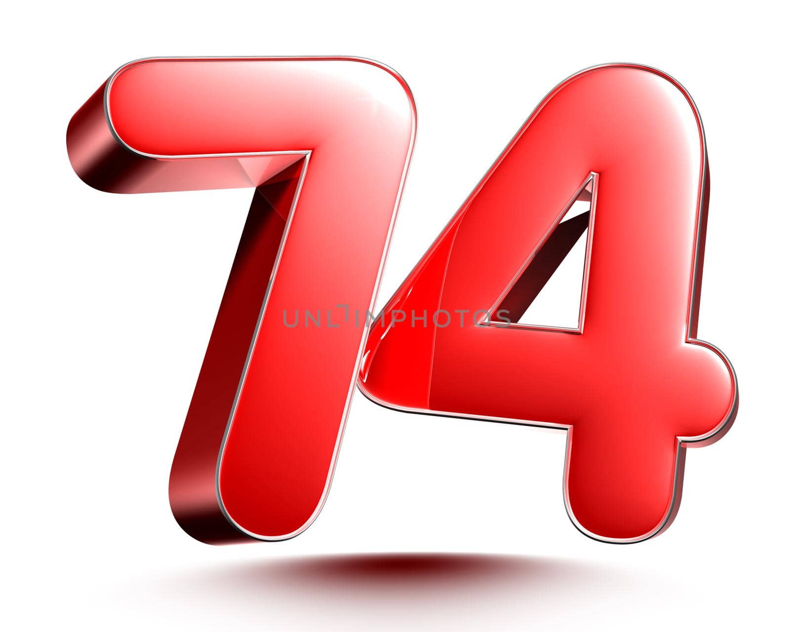 Red numbers 74 on white background 3D rendering with clipping path.