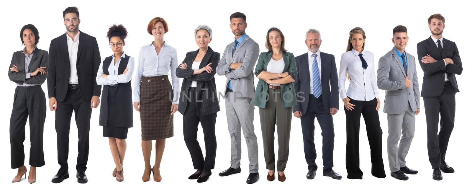 Full-length portrait of group of business people, isolated on white. Concept of teamwork and cooperation