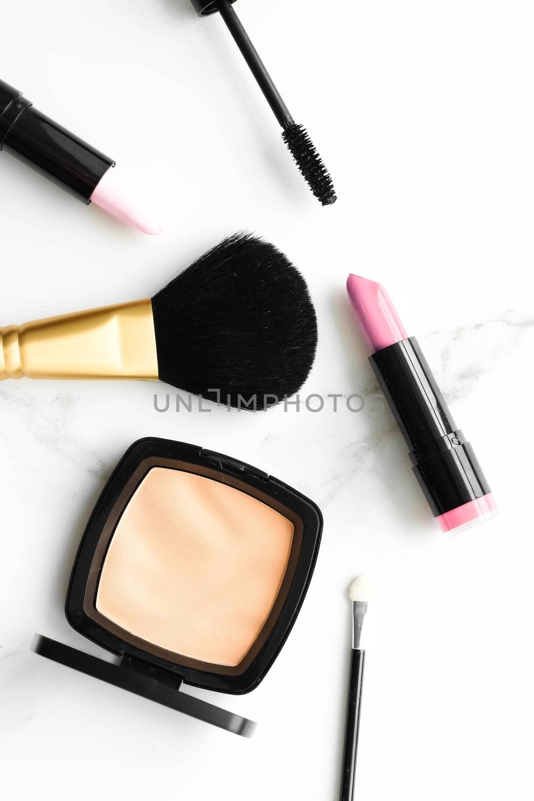 Make-up and cosmetics products on marble, flatlay background by Anneleven