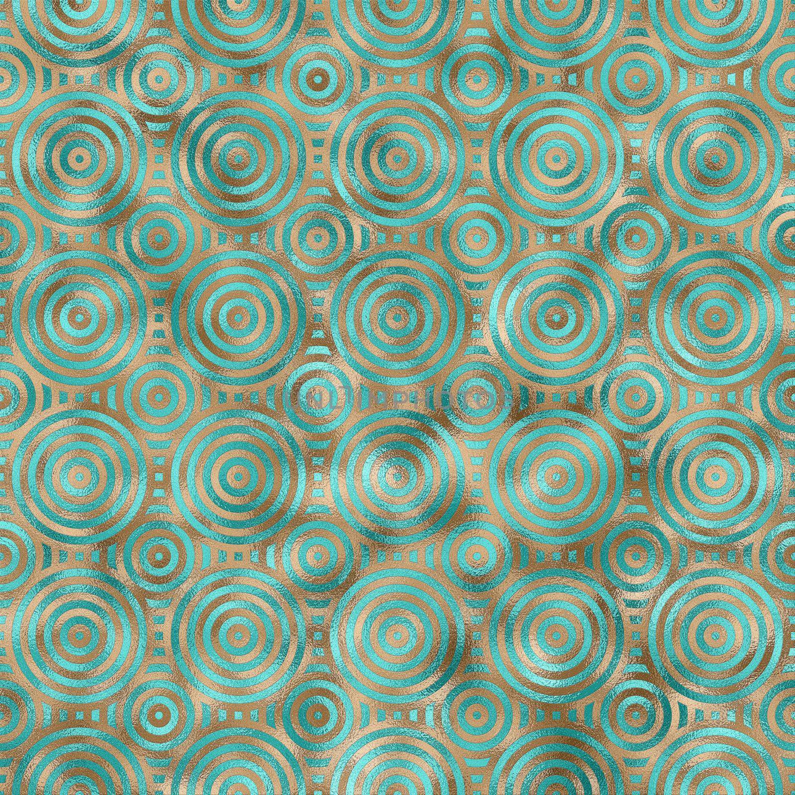 Seamless circle abstract background in turquoise green gold colours. Abstract geometric seamless pattern with circles. Trendy textures. Modern abstract design for paper, fabric, interior. illustration