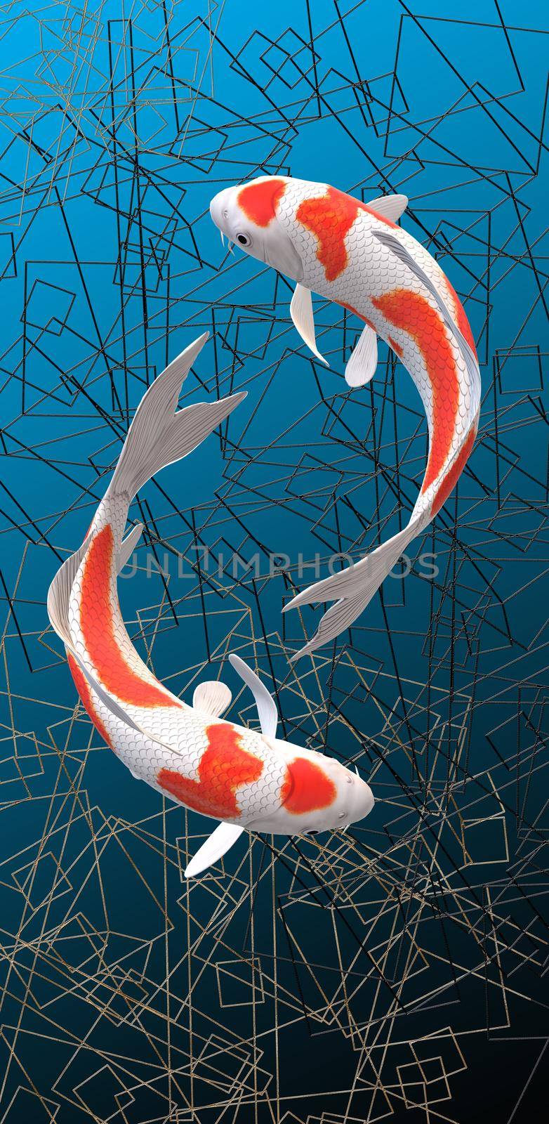Abstract koi fish on blue water background. Ocean fish, nature, wildlife, aquarium, underwater life, marine fauna. 3D illustration