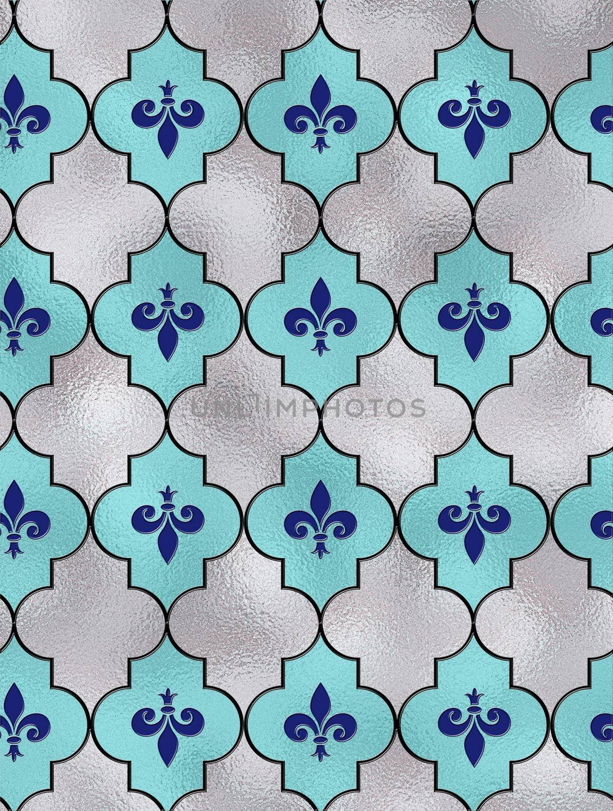 Seamless lily fleur de Lis background. Turquoise blue silver shiny pattern with heraldic symbol fleur-de-lis. Modern abstract pattern. 3D Illustration