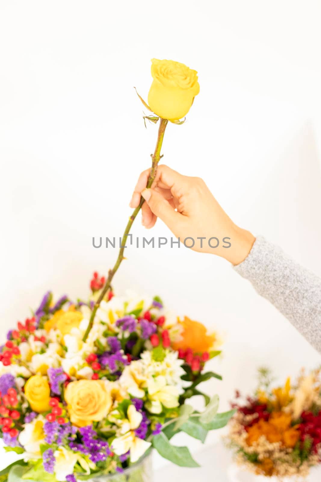 Woman's hand placing yellow rose to flower bouquet by eagg13