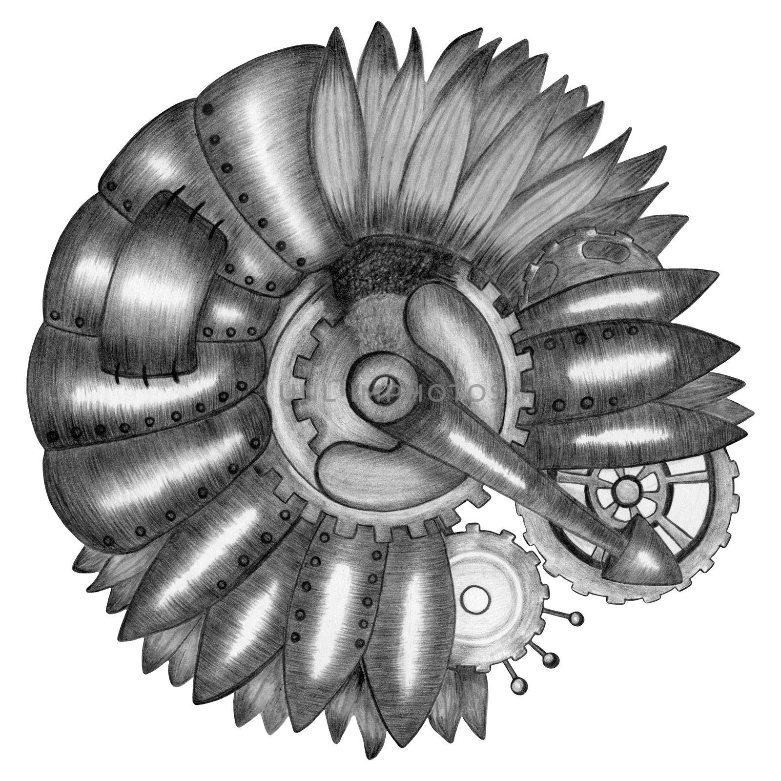Design Element Hand Drawn Illustration of Black and White Steampunk Sunflower in Gray Colors on White Background. Steampunk Sunflower Drawn by Pencil.