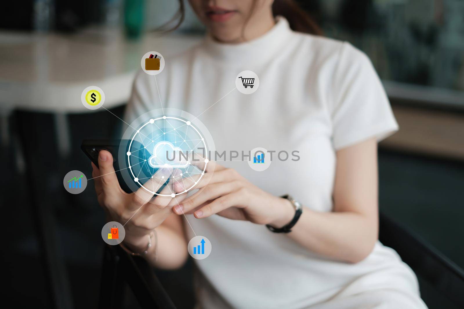 Female using smartphone with icon graphic cloud cyber security network of connected devices and personal data security