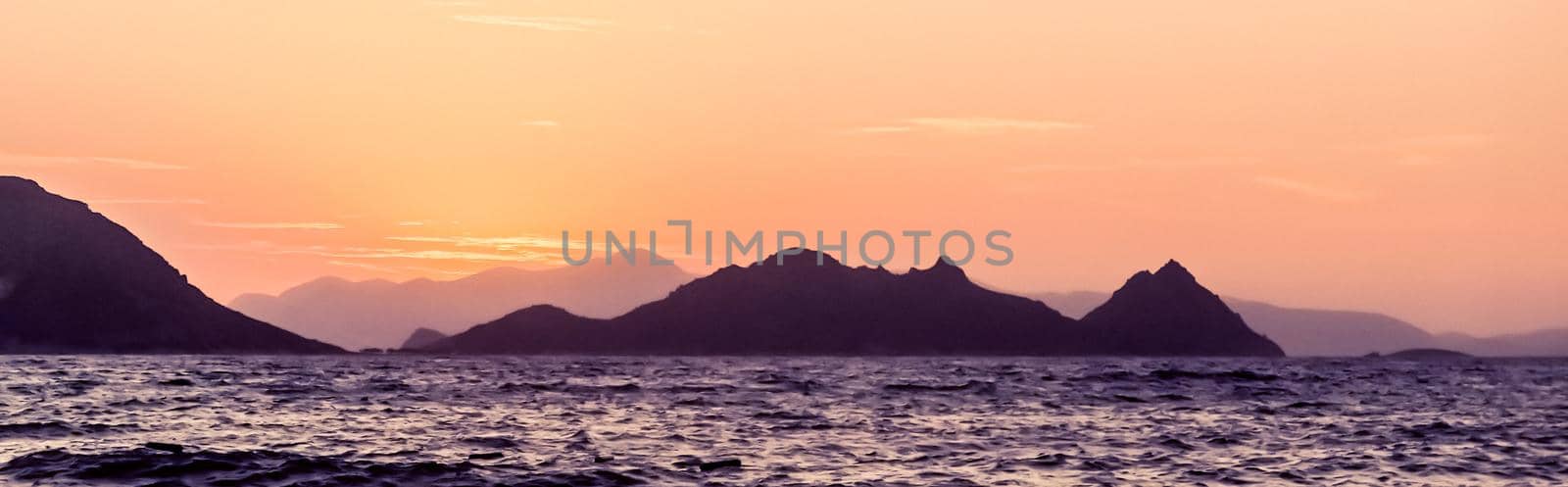 Nature, twilight and vintage beach holiday concept - Summer sunset at the Mediterranean sea coast, seascape and mountain view