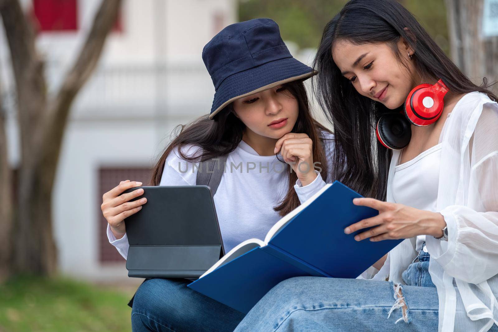 Two female university students outdoor study, using digital tablet together at the park in university