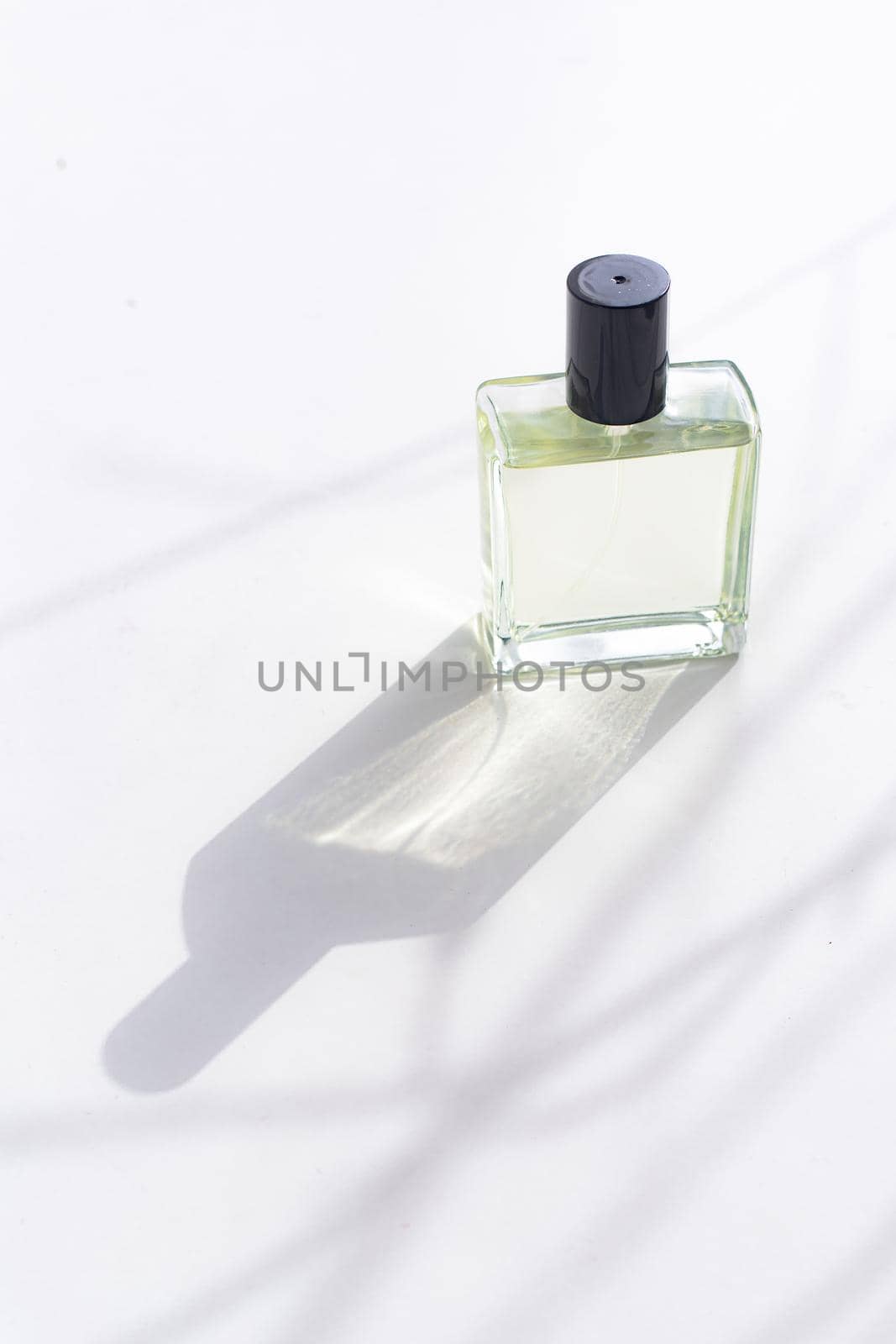 Perfume on a white background with shadows . The choice of perfume. Aromatherapy. Smell. A bottle of perfume. White background. Light and shadows . Copy space