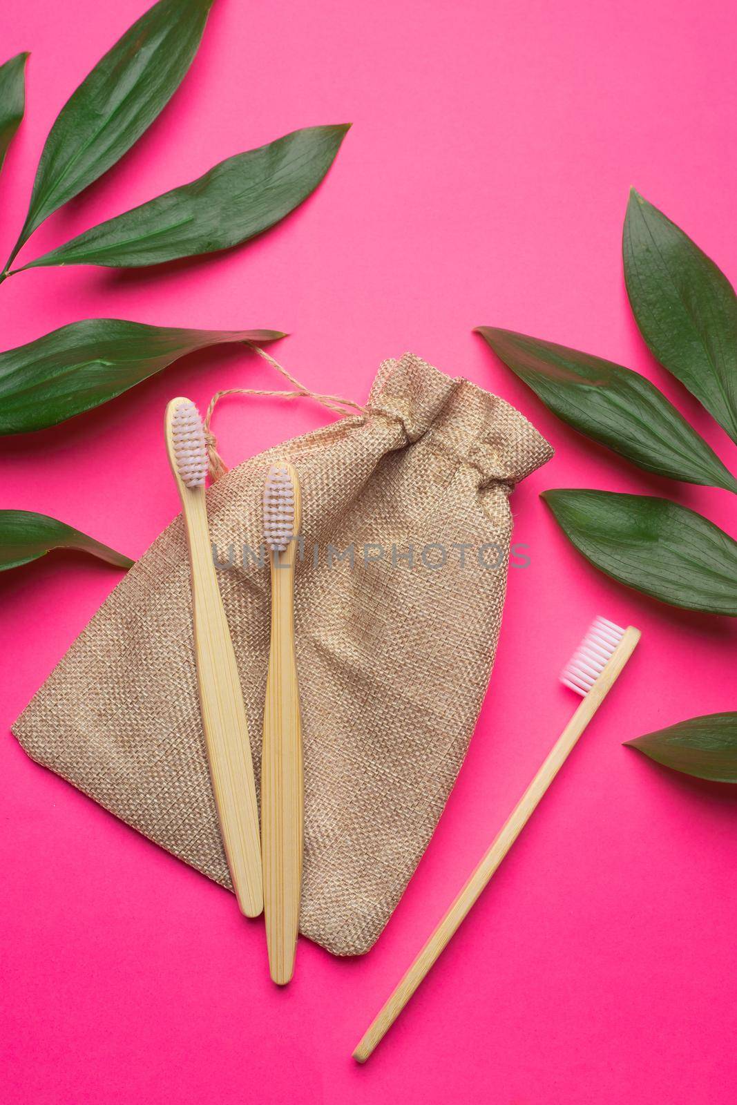 Bamboo toothbrushes and a canvas bag on a pink background. Green leaves. Eco products. No plastic. Health and medicine. Dentistry. Brushing your teeth. Copy space. An article about taking care of the environment.
