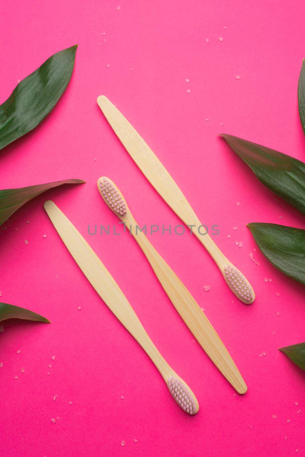 Bamboo toothbrushes on a pink background. Green leaves. Eco products. No plastic. Health and medicine. Dentistry. Brushing your teeth. Copy space. An article about taking care of the environment. An article about brushing your teeth. by alenka2194