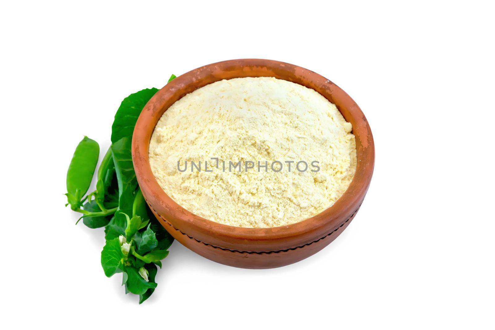 Flour chickpea or pea in a clay bowl with pods and leaves isolated on white background