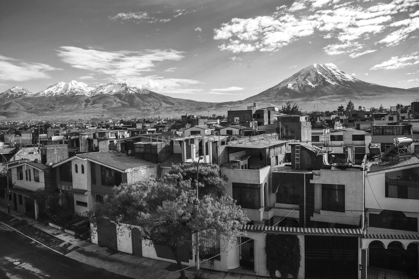 City of Arequipa with its iconic active volcanos of Misti and Chachani, Peru