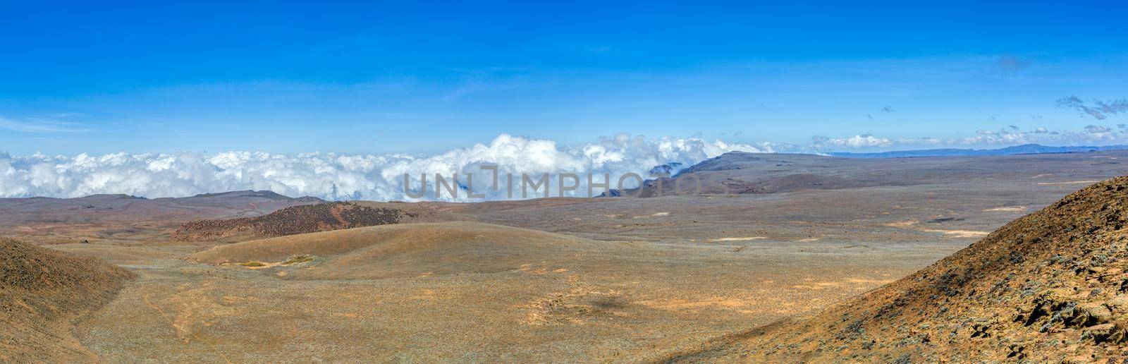 Ethiopian Bale Mountains National Park. Ethiopia wilderness pure nature. Sunny day with blue sky and clouds.