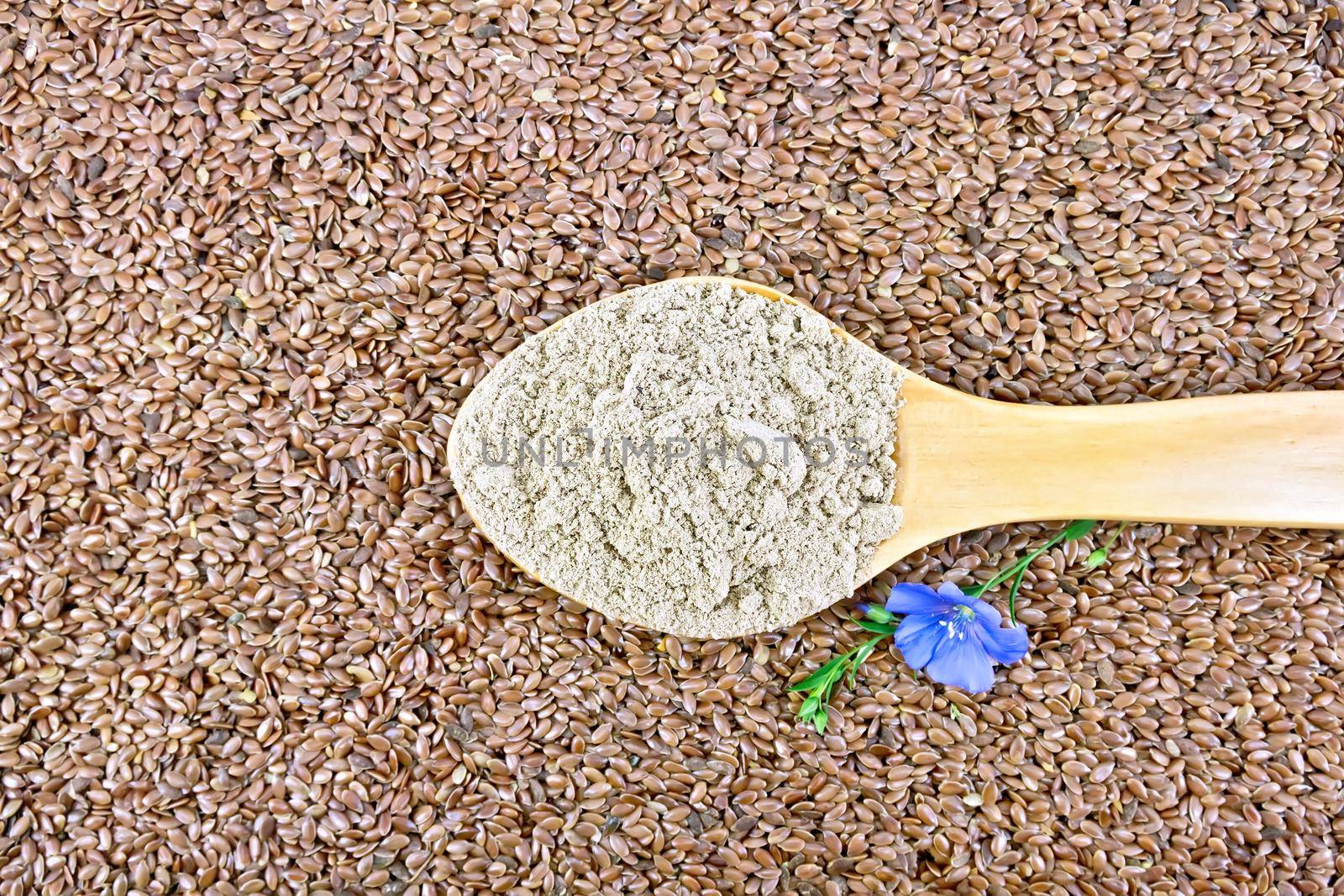 Linen flour in a wooden spoon, blue flax flower on a background of brown flaxseed