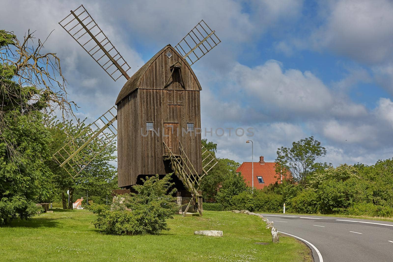 Timbered post mill built in 1629 - the oldest preserved windmill in Denmark, Svaneke, Bornholm island.
