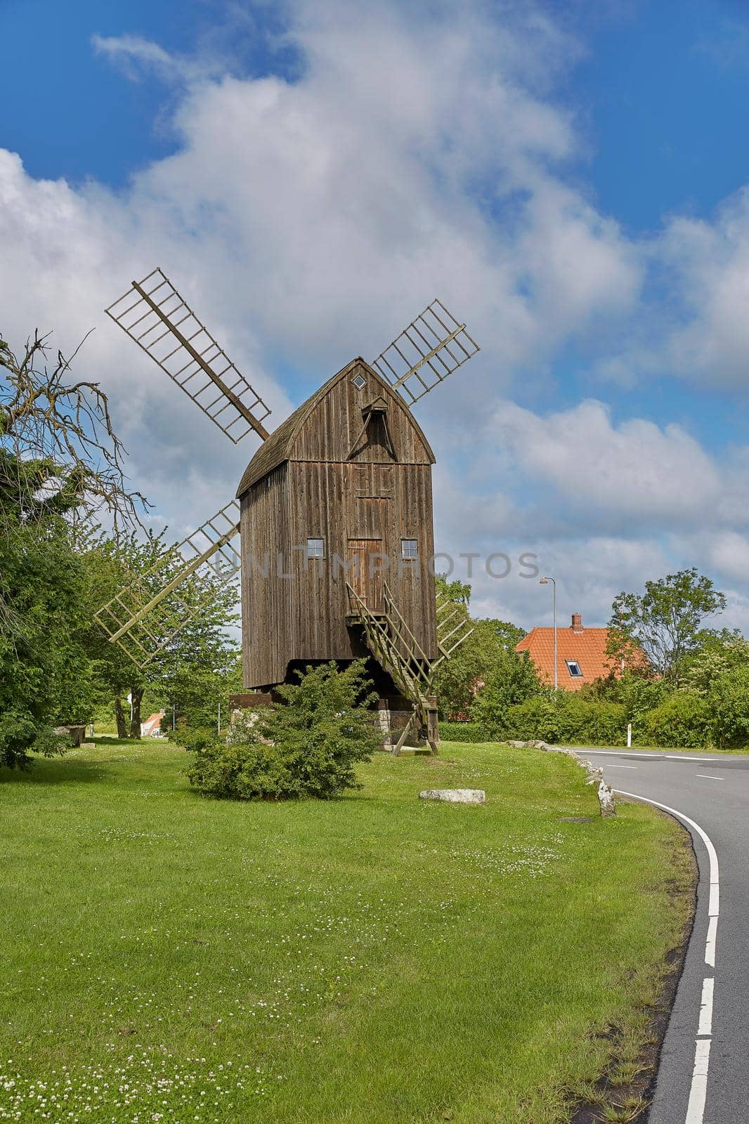 Timbered post mill built in 1629 - the oldest preserved windmill in Denmark, Svaneke, Bornholm island.